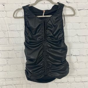 Free People Tide Along Black Ruched Faux Leather Look Tank Size Medium